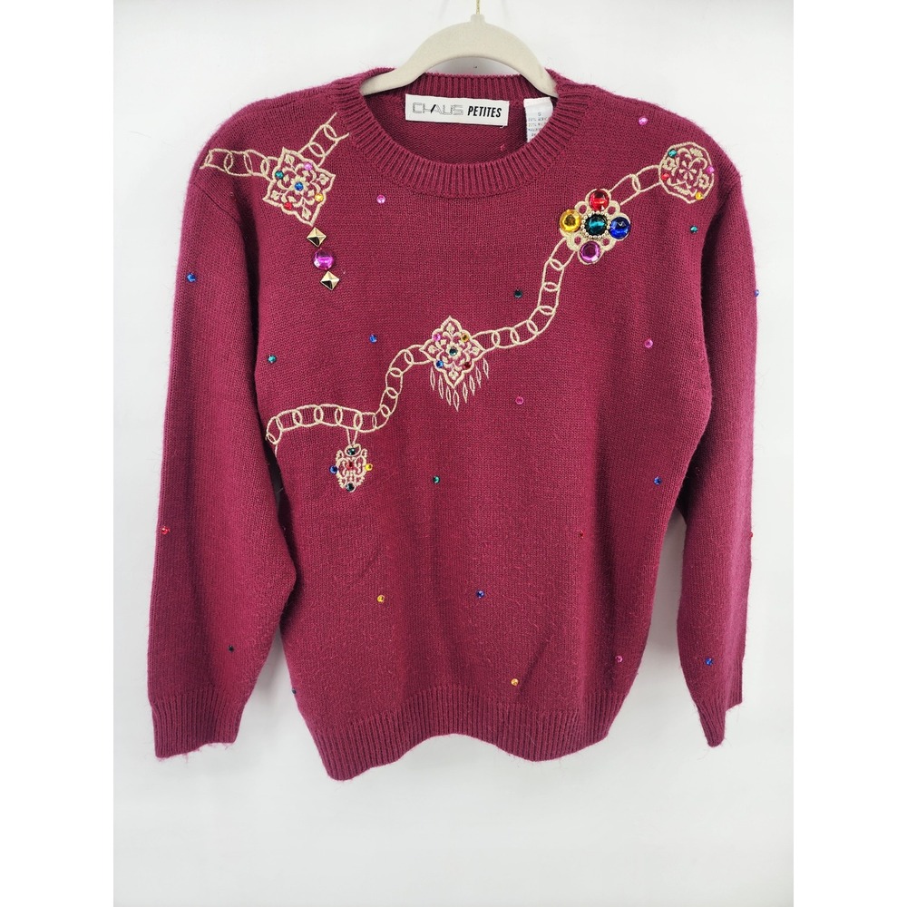 Chaus Petites Vintage Beaded Embellished Sweater Magenta Size S